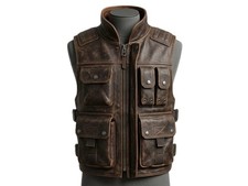 Men's Distressed Brown Leather Motorcycle Vest Biker Tactical Outdoor Utility