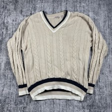 Vtg Fox Collection Sweater V Neck Size L Cable Knit Fisherman Collar USA Made