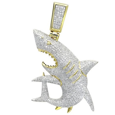 Großer voll gepflasterter Diamant Hai Anhänger für Herren 10k Gold Kiefer Charm 1,5ct