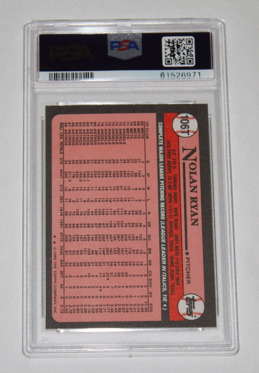 1989 Topps Traded Baseball Card #106T NOLAN RYAN Texas Rangers Graded PSA 9 MINT view 2