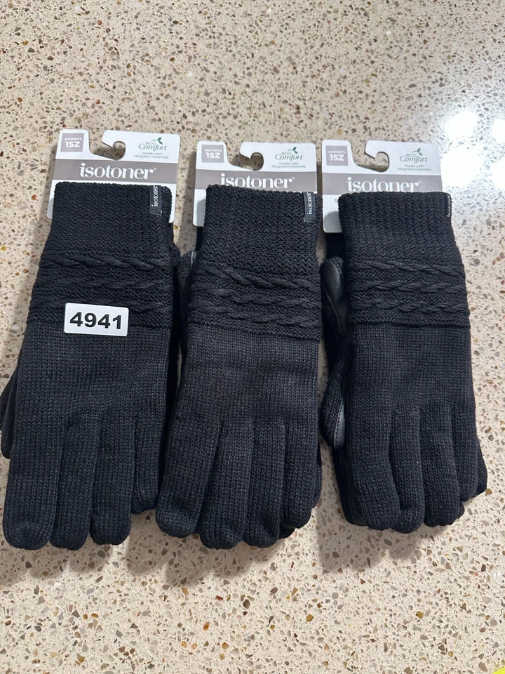 Isotoner женщин черный набор из 3 кабель полоски вязаные перчатки водоотталкивающий 1SZ новый с Ярлыками - Изображение 2 из 4
