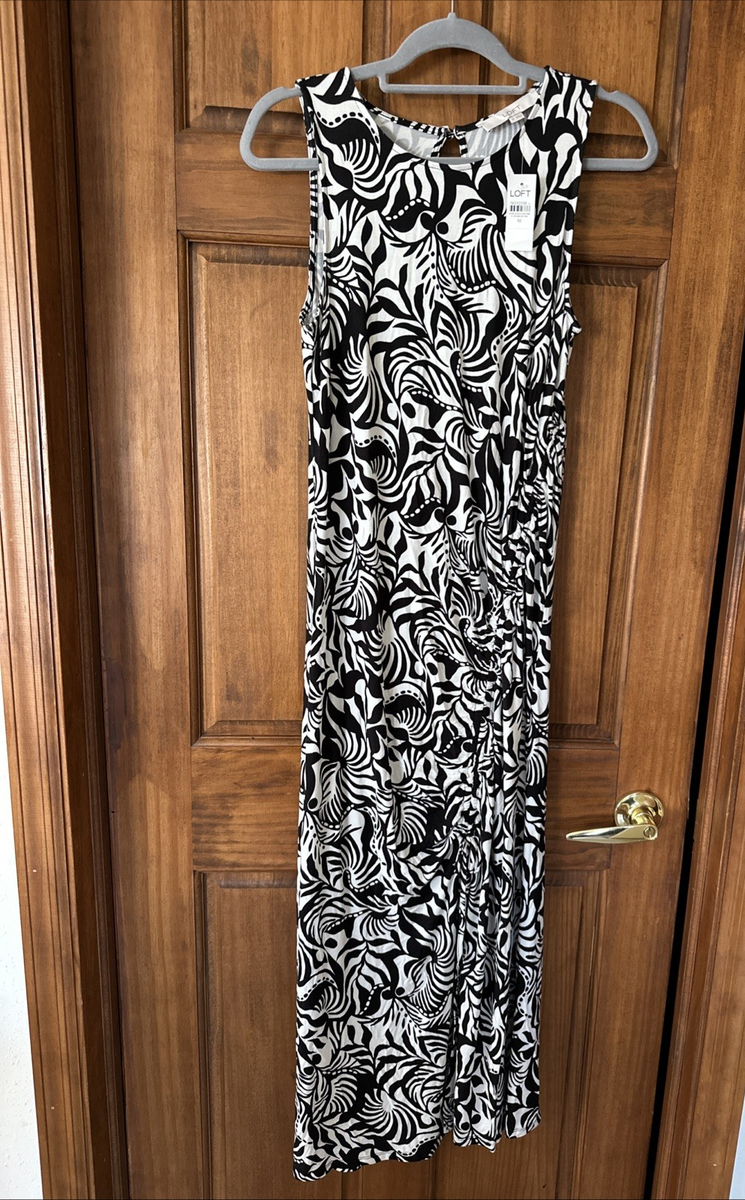 LOFT Geometric Tie Front Slit Maxi Dress Black White Sleeveless Sz 10 NWT Soft
