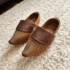 Vtg Dutch Hand-Carved Wooden Clog Shoes Leather Strap Rustic Primitive Cottage