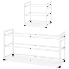 Adjustable Expandable 3Tier Metal Shoe Rack 12 Pairs 18.533in White with Hooks