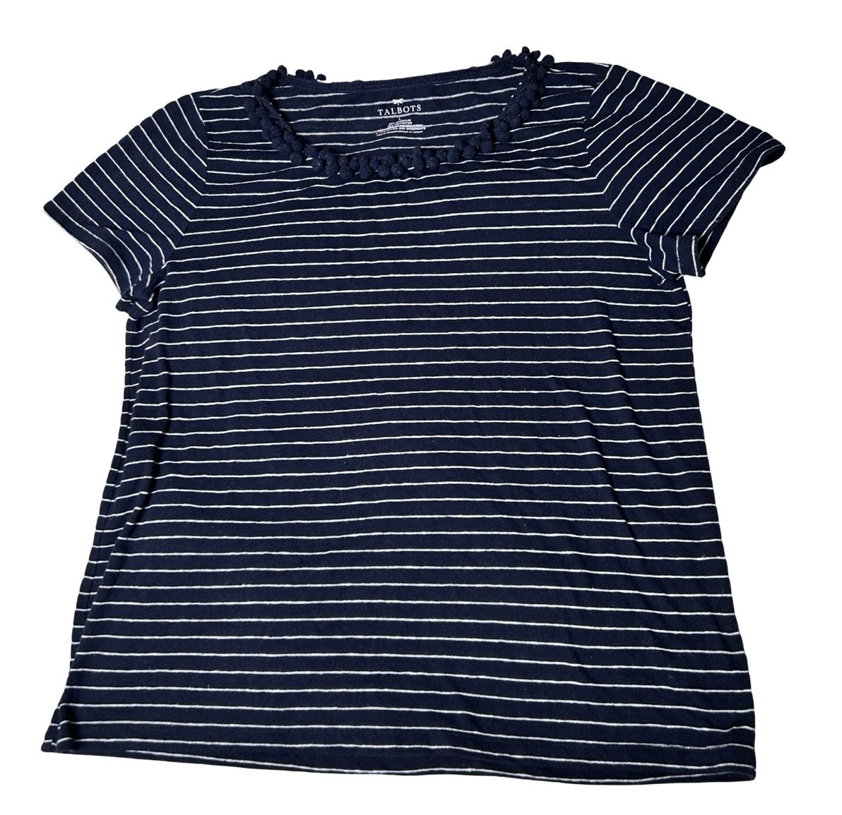 Talbots Linen Blend T-shirt Size Large Blue Crochet Pom Poms Trim Scoop Neck Tee