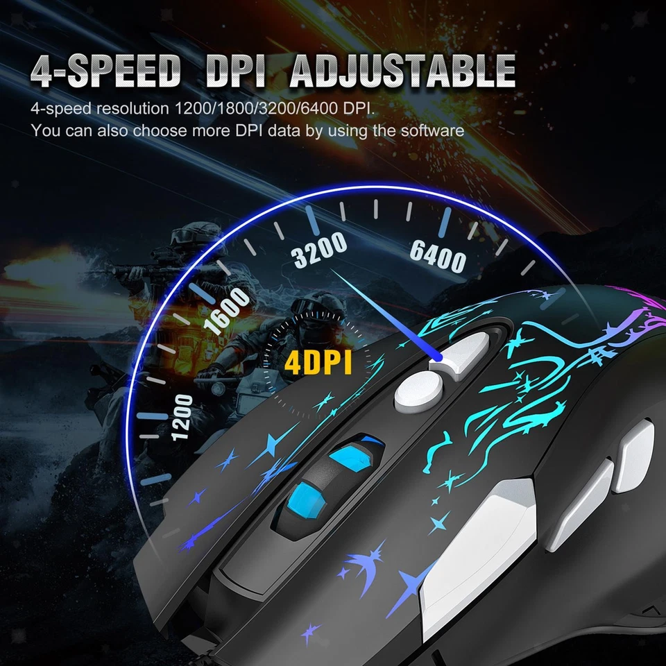 USB RGB LED Wired Gaming 6400 DPI Mice with Side Buttons Comfortable - Image 3 of 4