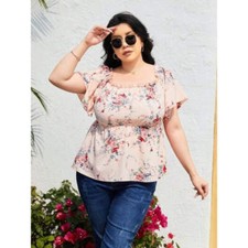 Plus Size Frill Printed Flutter Sleeve Blouse