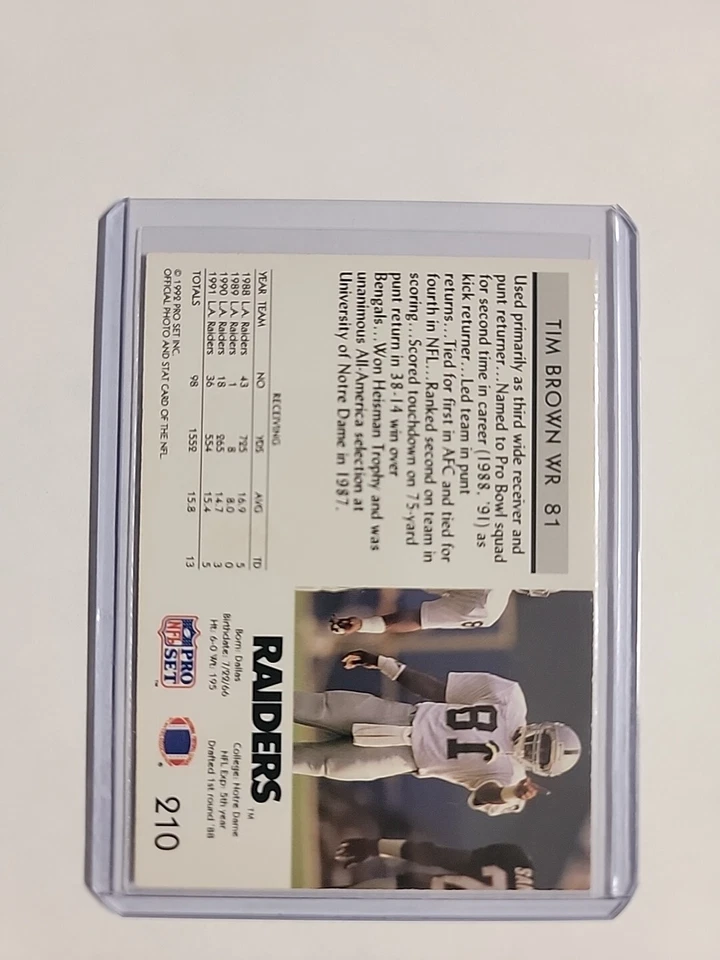 1992 Pro Set Football Card #210 Tim Brown Mint Football Card - Image 2 of 2