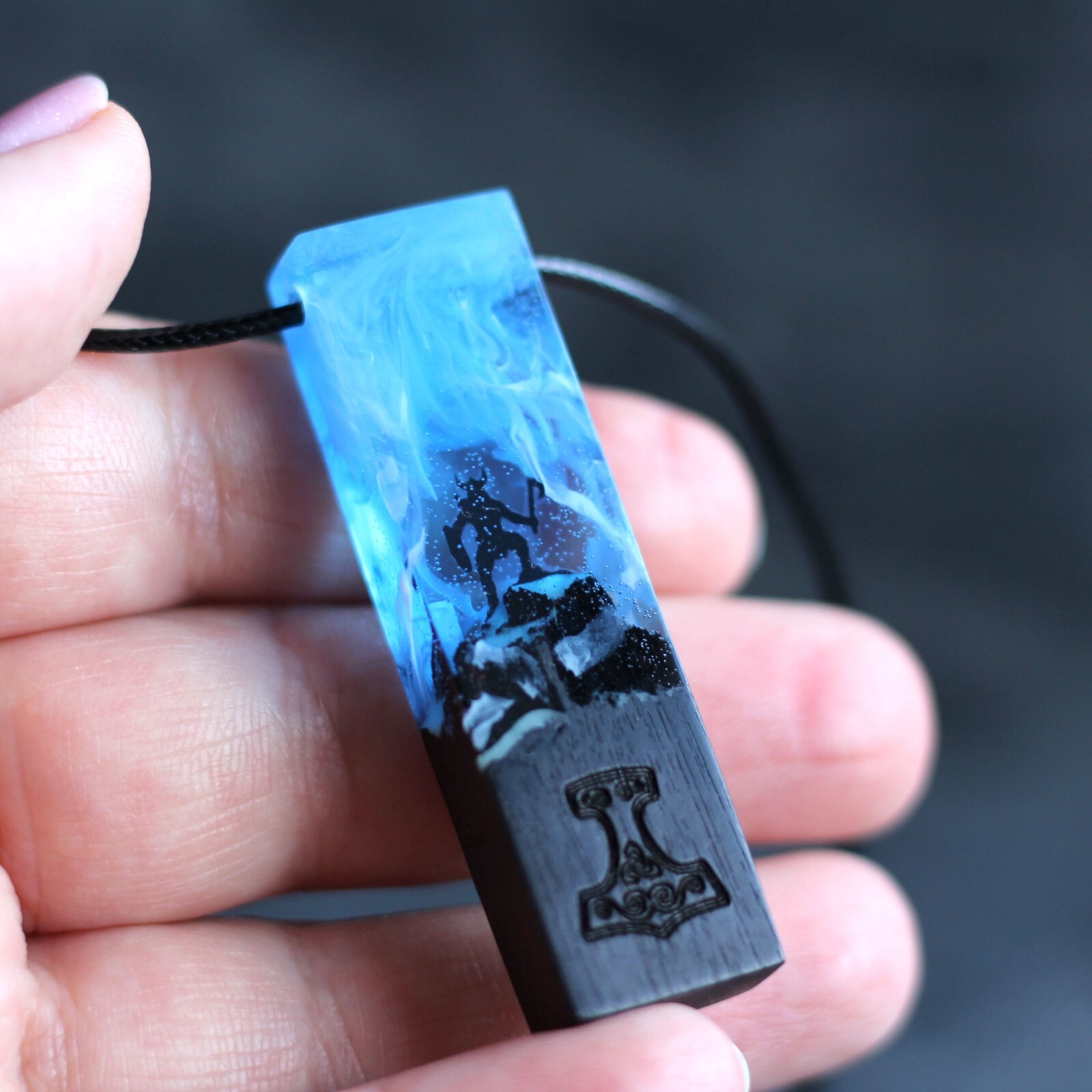 Viking Pendant Handmade Wood Resin Epoxy Necklace Glowing Unique Men's Jewelry-image