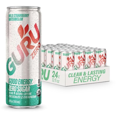 GURU ZERO SUGAR Wild strawberry Watermelon Organic Energy Drinks, Clean Energy