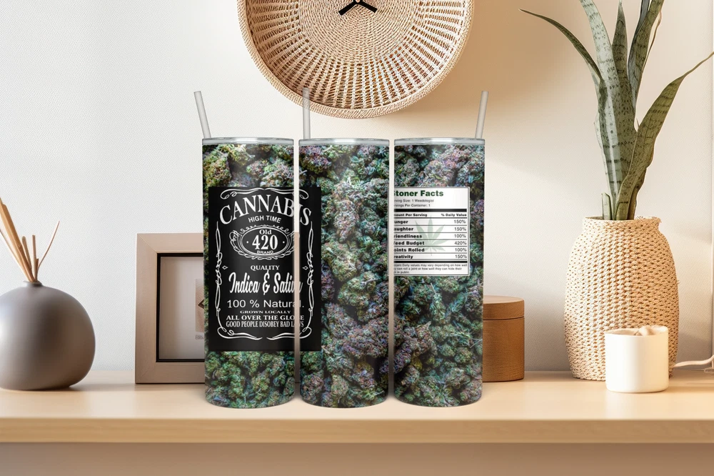 Tumbler Skinny 20oz  w/ Lid & Straw  Weed Leaf Cannabis Marijuana Travel Mug 420