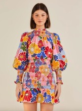 Farm Rio Sunny Daisies Smocked Ruffle-Trim Mini Dress Sz XS