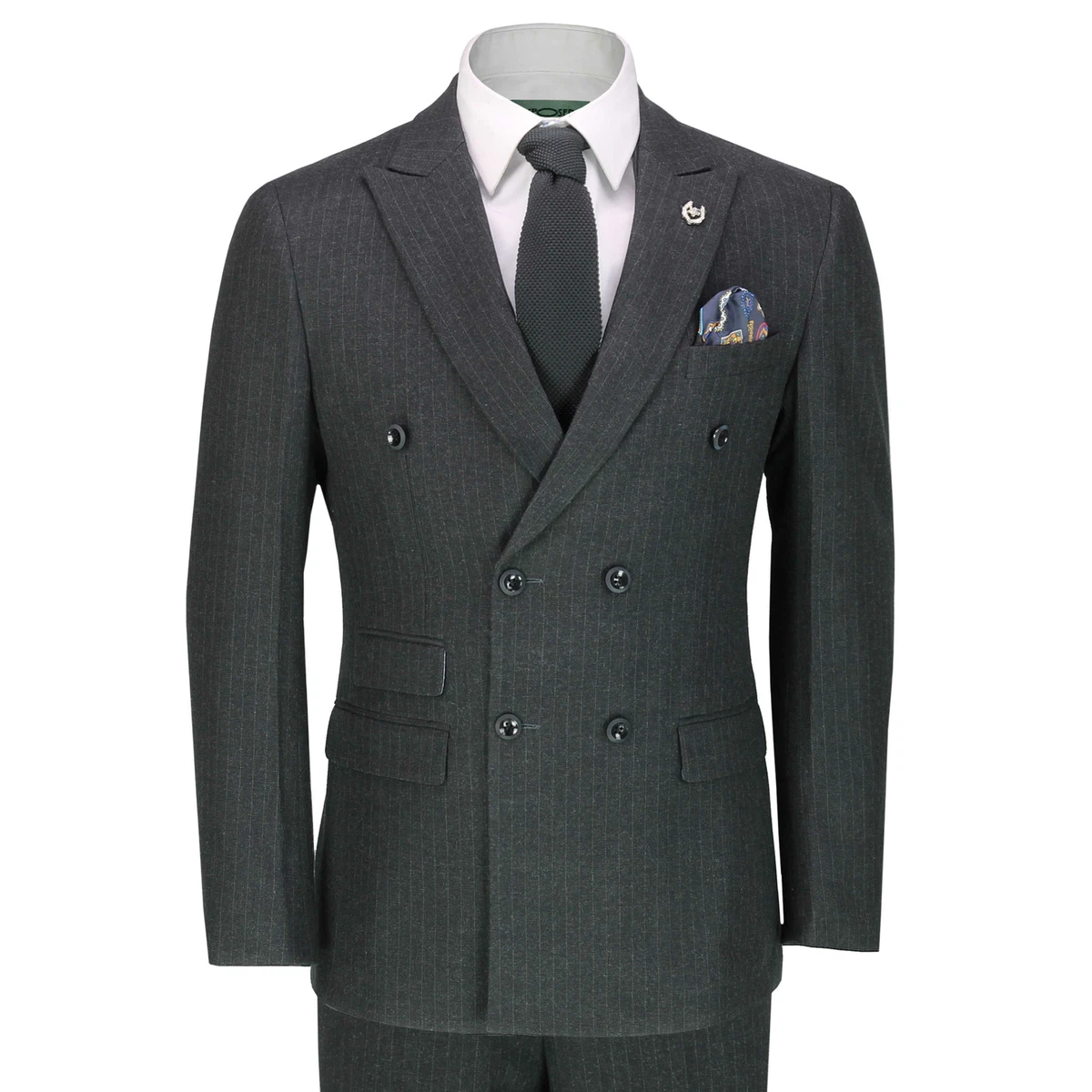 Mens Grey 3 Piece Double Breasted Pinstripe Suit Smart Retro