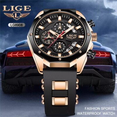 LIGE Herren Armbanduhr Edelstahl Chronograph Luxusuhr Silikonarmband Männeruhr