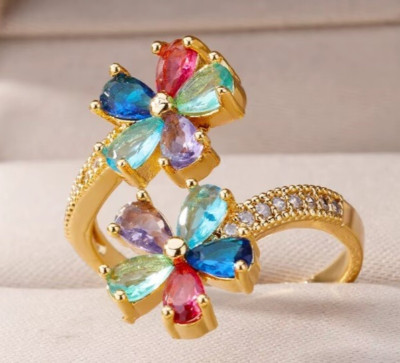 18K vergoldeter neuer Ring Twist gedreht mit blau grün rosa Blumen Gr. 56 P