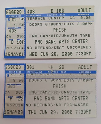 Phish Concert Tickets (2) June 28 29 2000 Holmdel, NJ Funk Rock Jam Band