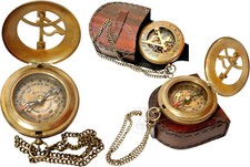 Brass Sundial Compass with Leather Case and Chain - Push Open Compass -Steampunk