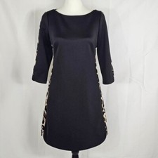 Vince Camuto Black Scuba Knit Mini Dress Sz 4 Leopard Accent Boatneck 3/4 Sleeve