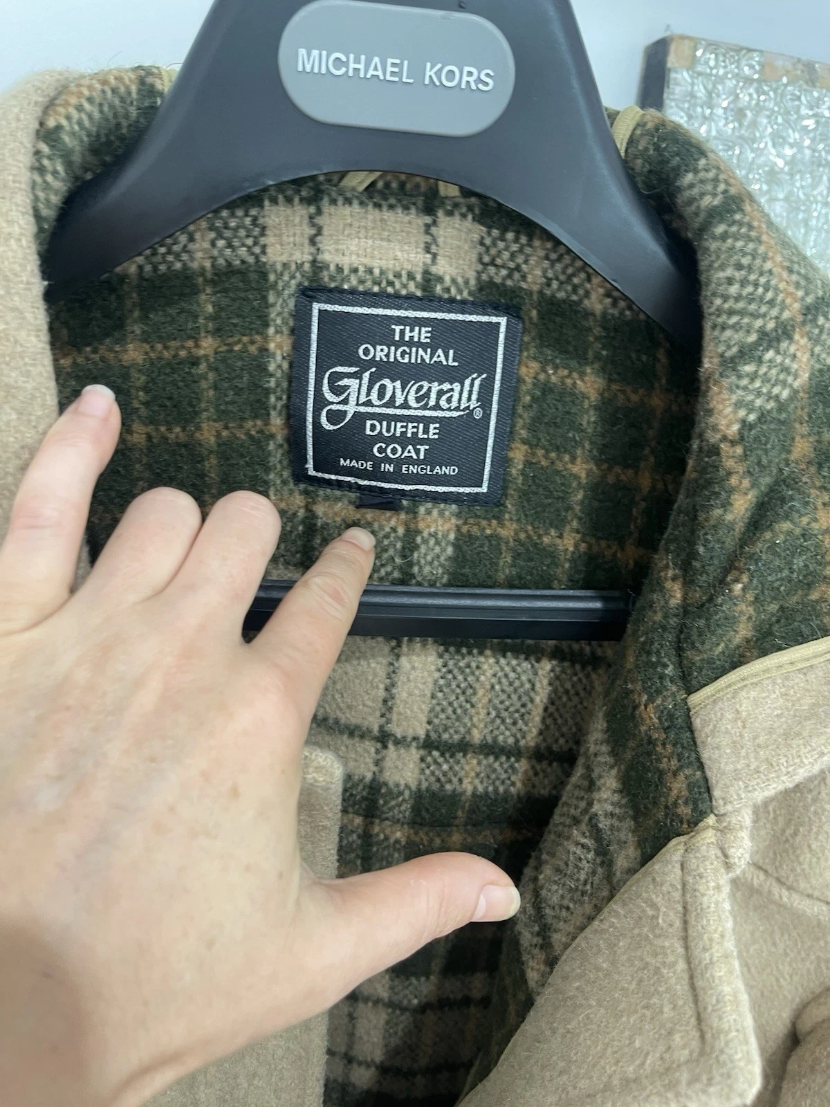 Gloverall Men's Beige Long Duffle Coat Hooded Toggle Closure Plaid Lined image 4
