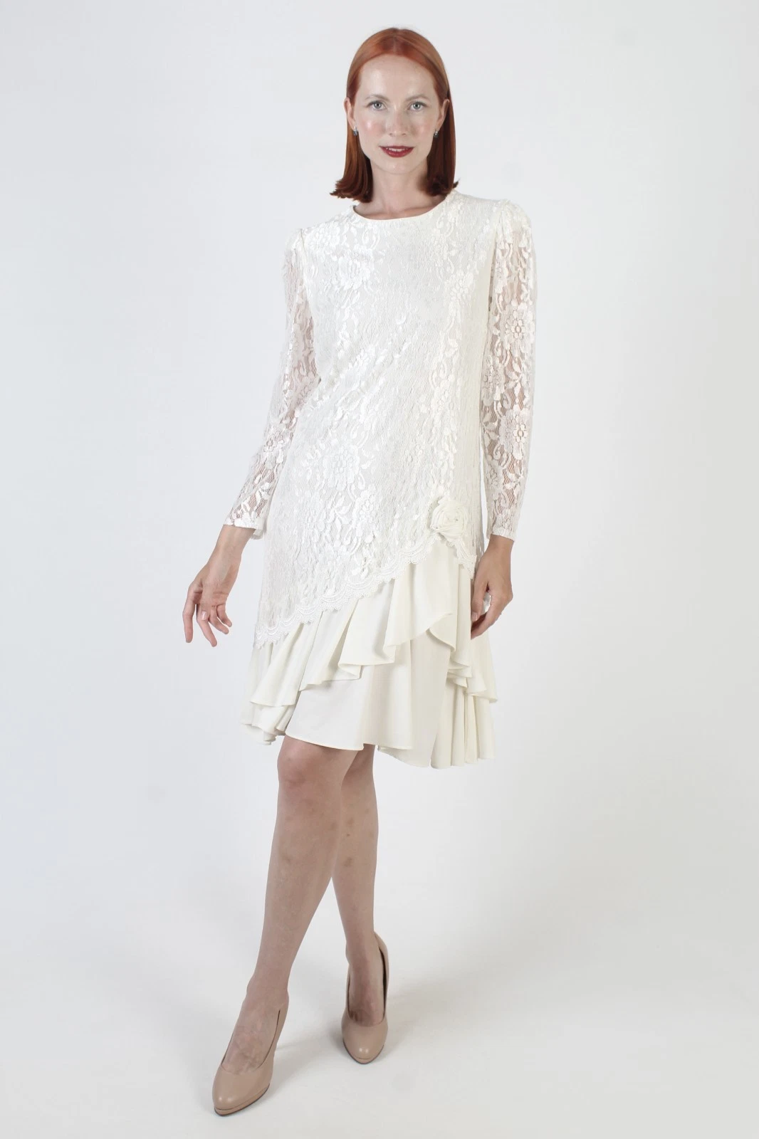 OFF WHITE Abito vittoriano vintage bianco sporco pizzo vita bassa gonna con volant art deco abito flapper