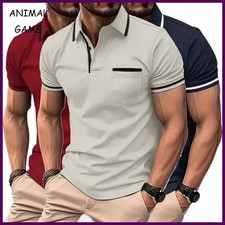 Men Solid Color Polo Shirt Short Sleeve Button Lapel Lightweight Casual Top