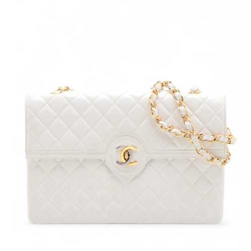 Chanel Matelasse Lambskin Single Flap Double Chain Bag Paris limited White Gold