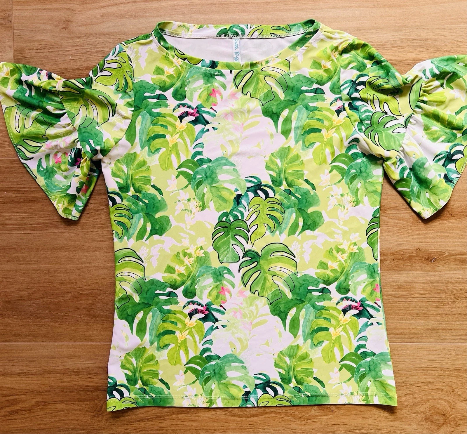 Patti Biggs UPF 50 Tropical Palm Leaf Flutter Sleeve Resort Top Palm Beach S