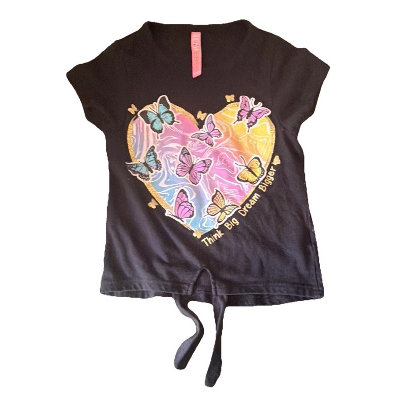 Dreamstar Girls M (5/6) Black Butterfly Graphic Glitter Tie-Front T-Shirt