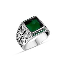 Men Green Emerald Gemstone Ring, Square Green Gemstone Ring , 925 silver ring