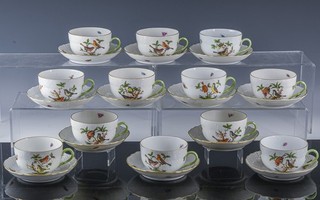 SET 12 HEREND HUNGARY ROTHSCHILD BIRD HAND PAINTED PORCELAIN TEA CUPS & SAUCERS