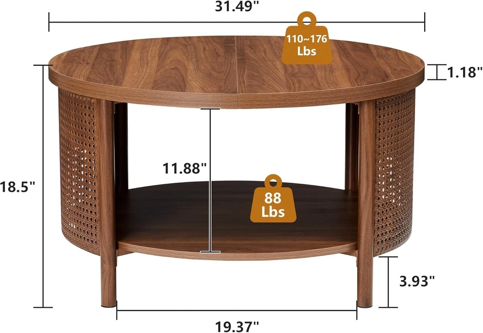 Mesa de centro redonda Mid-Century 31,5" con decoración de metal ratán y #R033 Foto 2 de 4