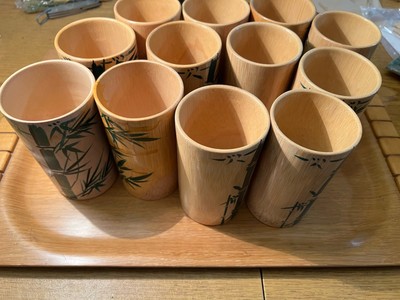 Vintage Bamboo Style Tray & 12 Drinking Cups/Glasses