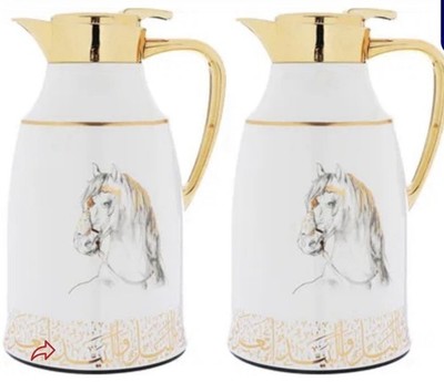 Vacuum Flask Set of 2 White Gold Plastic Metal Insulated Horse Design 1.3L