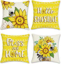 Sunflowers Bee Throw Pillow Covers 18 X 18 Inch Set of 4, Summer Yellow White Fl