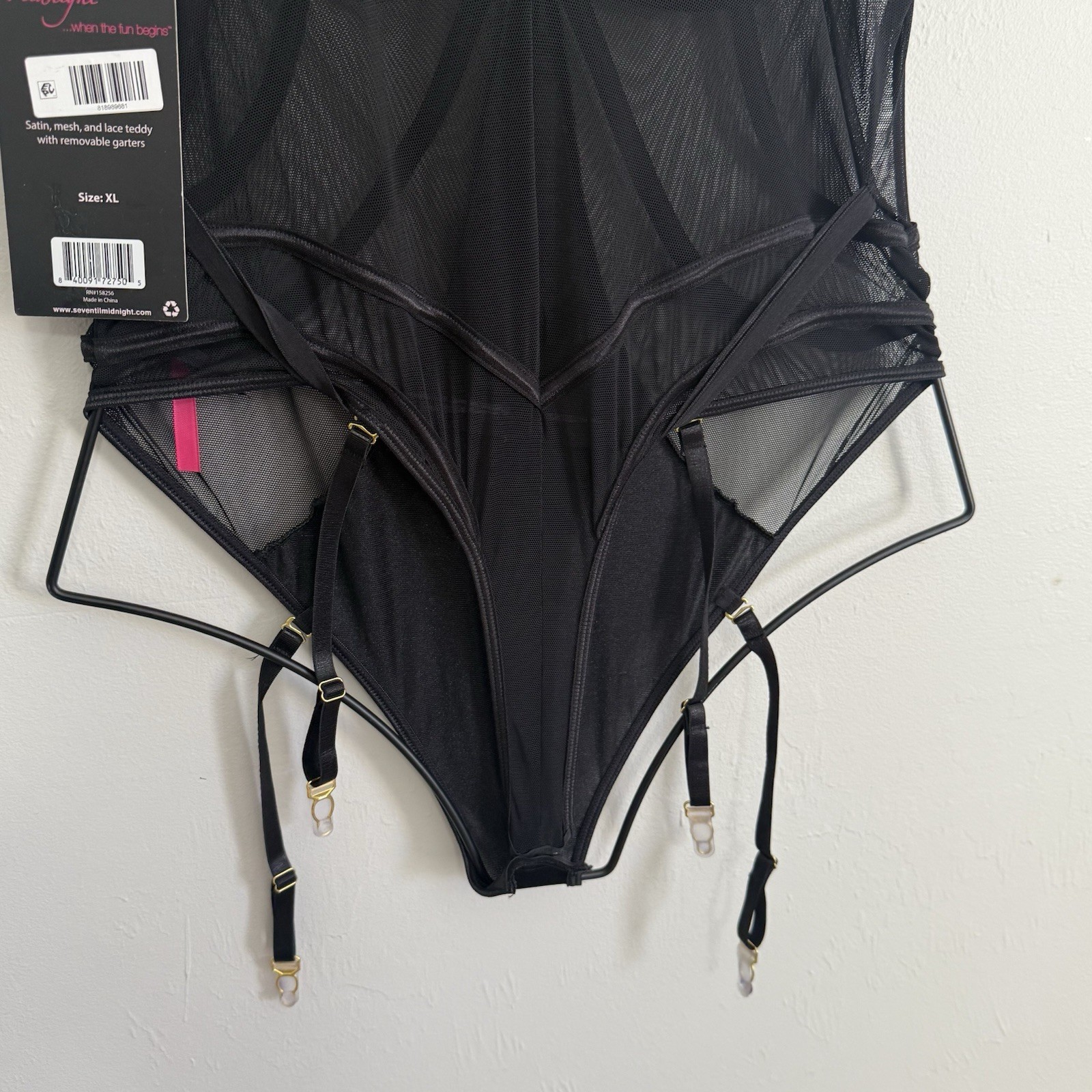 New SEVEN ‘TIL MIDNIGHT Women’s Black Satin Mesh Lace Teddy One Piece Size XL