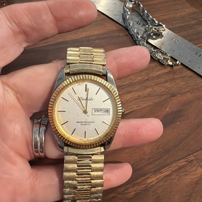 Vintage Michele 33mm Gold Tone Quartz Day Date Watch White Roman Dial Michele Deco Madison Silver Roman Dial Diamond Bezel Two  main image 3