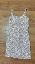 Old Navy Women's Fitted Midi Dress Tan w/ White Flowers Size M Built In Bra 