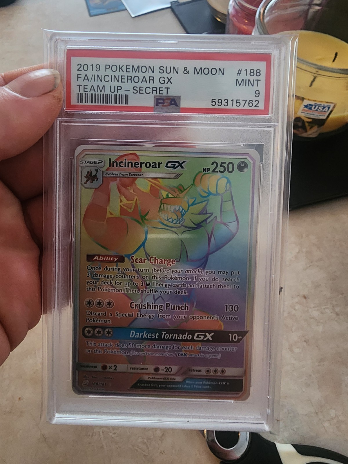 2019 Pokemon S&M Team Up Incineroar GX #188 | SECRET RARE | FULL ART | PSA 9