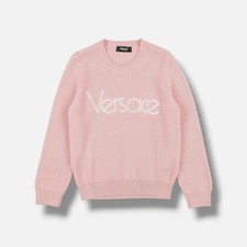 Versace Kids Girl's Pink Wool Rib Knit Embroidered Logo Crewneck Sweater Size 6A