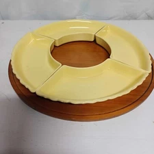 Large Round Wood Tray with 4 Ceramic Serving Trays