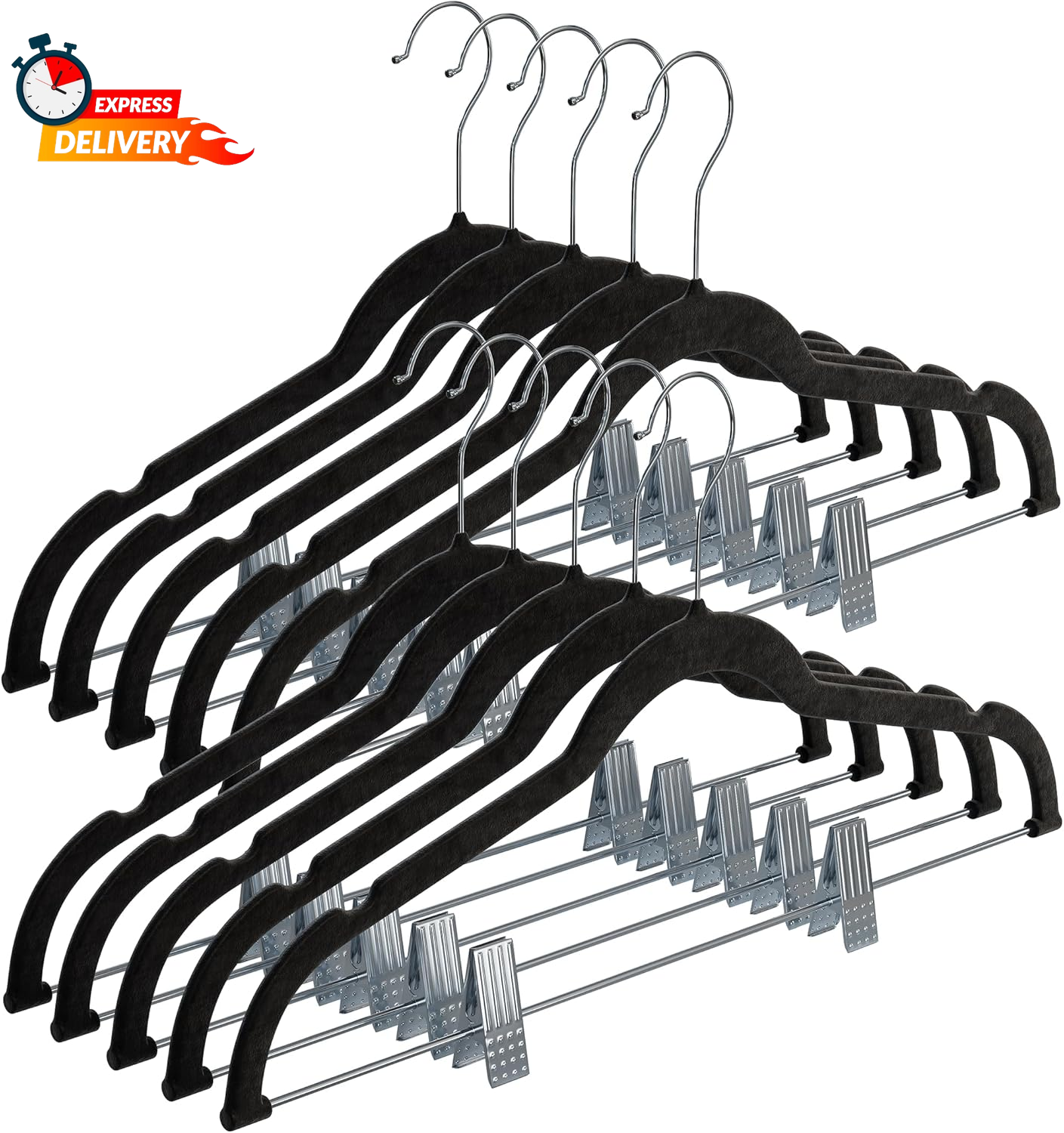 Pants Hangers with Clips 10 Pack - Black Velvet Hangers Non Slip Space-Saving fo-image