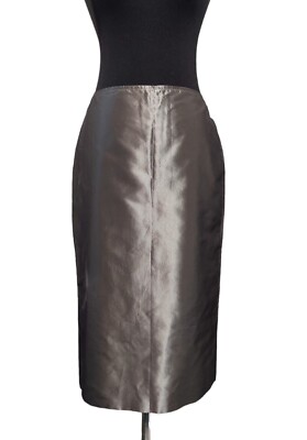 VTG ASPESI Alberto Aspesi Skirt Metalic Silver Pensil Skirt 100% Silk SZ 44 M  