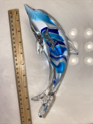 1 großer klarer Murano venezianischer mundgeblasener Glas Delfin signiert Dante Veni blauer Wirbel - Bild 7 von 7