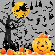 Halloween Bat Wall Decals Moon Tree Witch Wall Stickers Removable Halloween S...