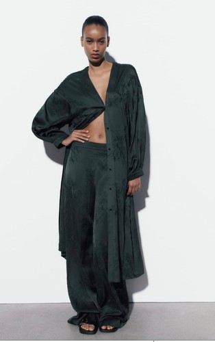 Zara Embroidred Floral Satin Trousers Size Large L Green Grey Black - Picture 4 of 7