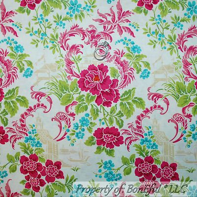 BonEful Fabric FQ Cotton Quilt White Pink Blue Flower Shabby Chic Garden Cottage