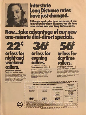 1975 Bell System Telephone Long Distance PRINT AD Interstate Rate Change VTG 70s