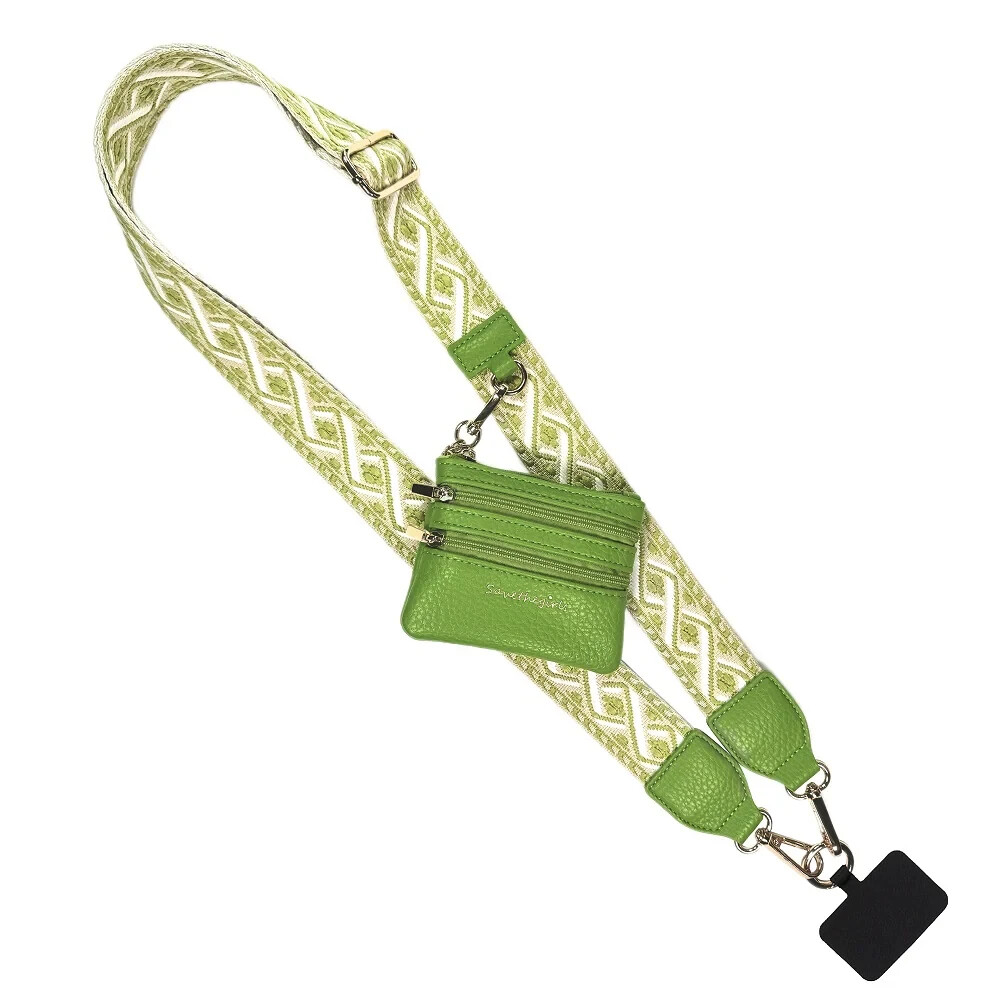 Save the Girls Phone Strap with Pouch Clip in Green Tan White XOXO