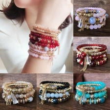 4Pcs Boho Multilayer Natural Stone Crystal Beaded Bracelets Fashion Women Set