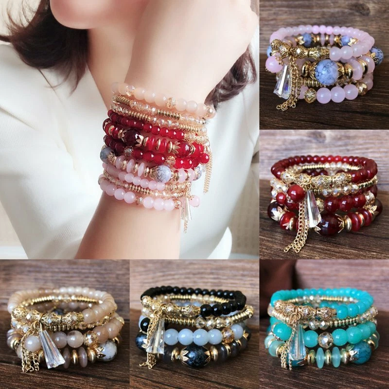 Juego de brazalete con cuentas de cristal de piedra natural multicapa boho de 4 piezas al por mayor Foto 2 de 4